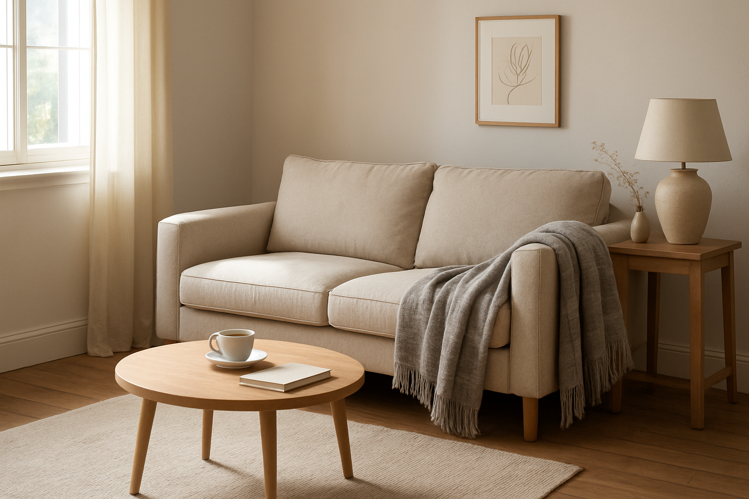 Plaid gris doux drapé sur l'accoudoir d'un canapé beige dans un salon lumineux, décoration minimaliste et cosy, plaid pas cher
