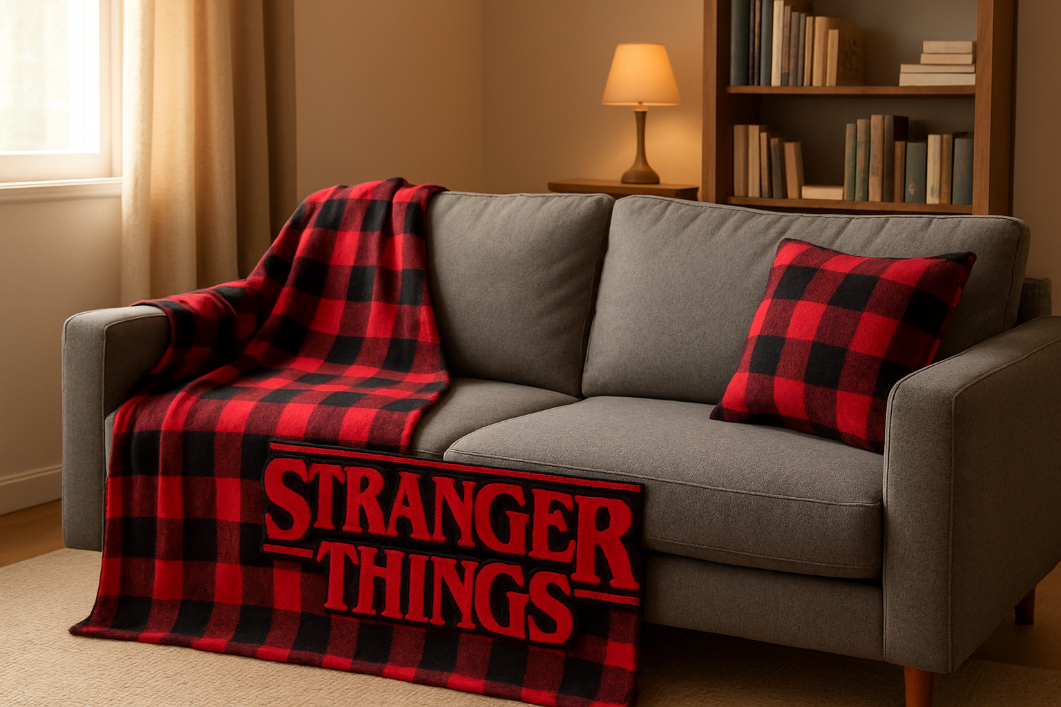 Plaid Stranger Things rouge et noir jeté sur un canapé gris dans un salon lumineux au style cosy, avec un coussin assorti et une bibliothèque en bois.