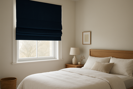 Store bateau occultant bleu marine dans une chambre cosy, partiellement baissé, avec lumière naturelle tamisée et literie blanche