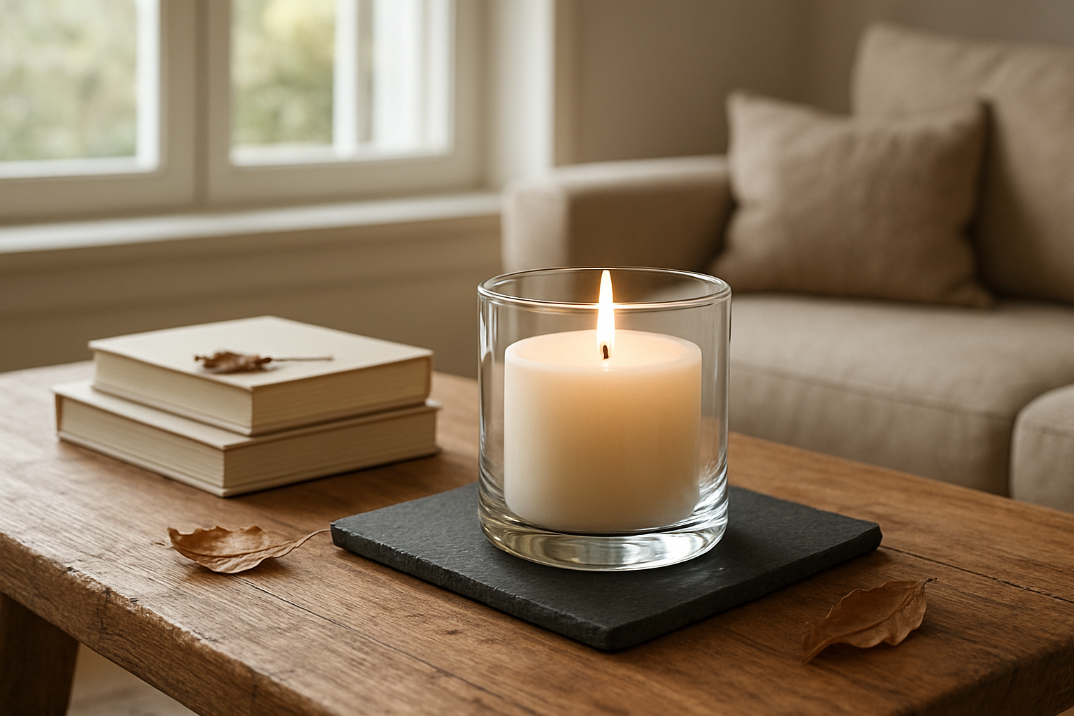 Bougie design en verre sur plateau d'ardoise dans un salon lumineux, entourée de livres et feuilles séchées, ambiance cosy.