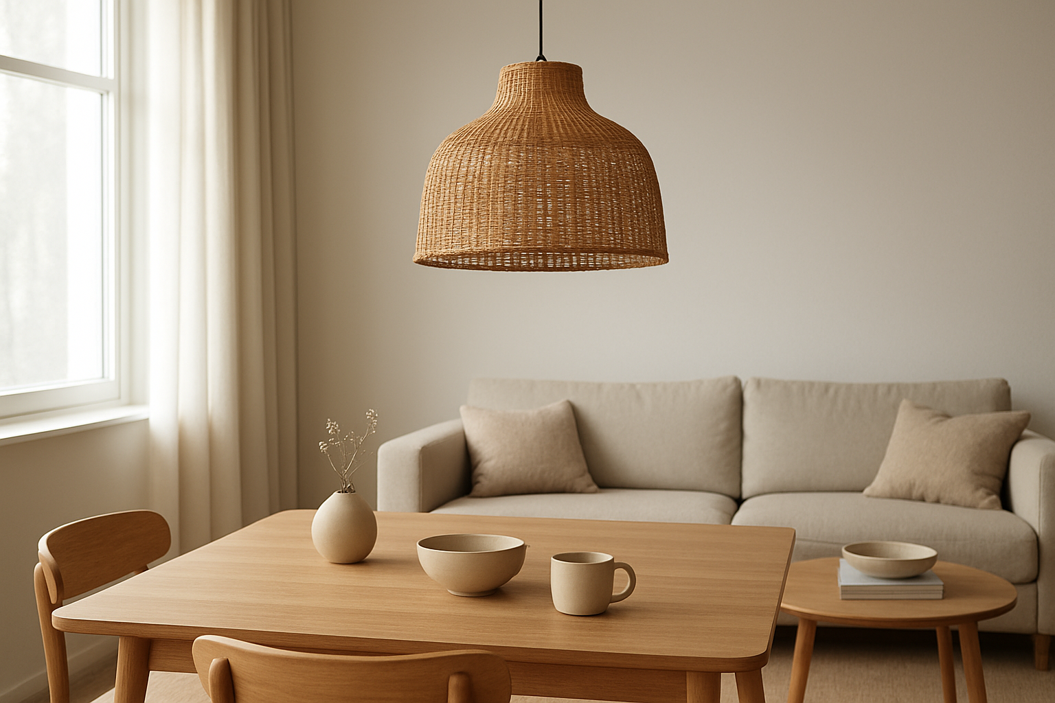 Suspension luminaire tendance en rotin dans un salon lumineux avec table en bois et canapé neutre