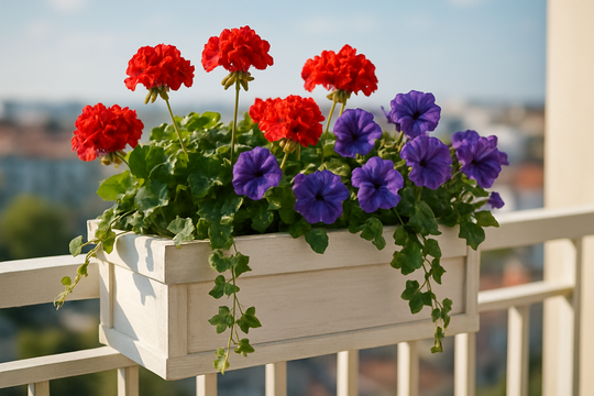 Jardinière en bois blanc sur balcon ensoleillé avec géraniums rouges et pétunias violets, lierre retombant, lumière naturelle du matin