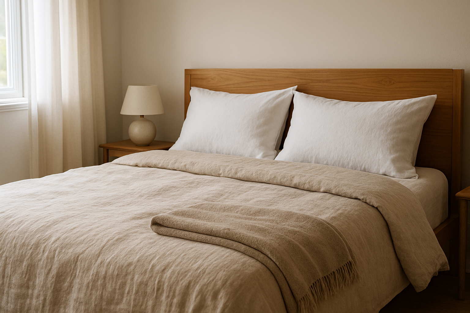 Lit en lin beige avec oreillers en percale blanche dans une chambre lumineuse au style épuré, linge de lit de qualité