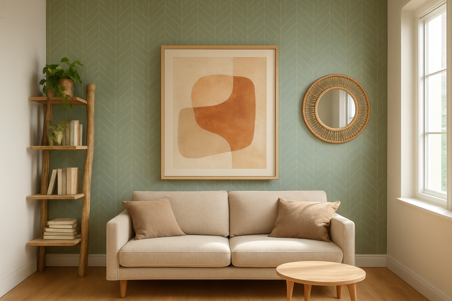 Salon lumineux avec mur d'accent vert sauge, tableau abstrait terracotta, étagère en bois flotté et miroir rond en rotin, décoration murale tendance.