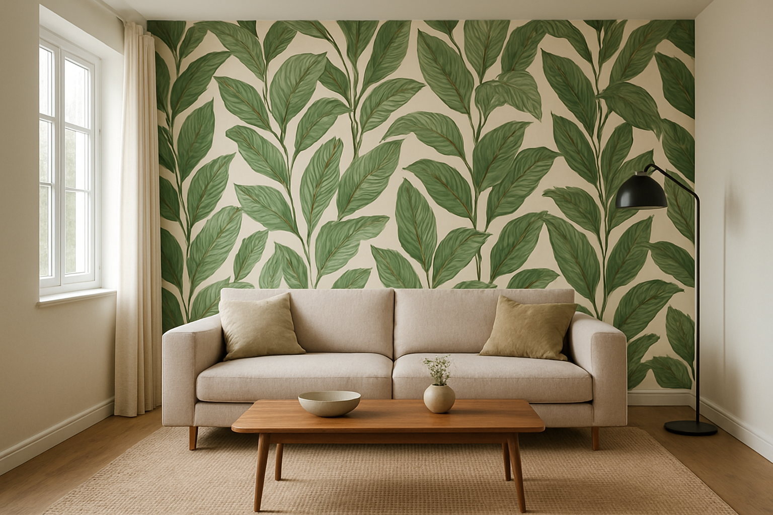 Salon moderne avec mur d'accent en papier peint botanique vert sur fond crème, canapé beige et lumière naturelle, illustrant les tendances papier peint 2025