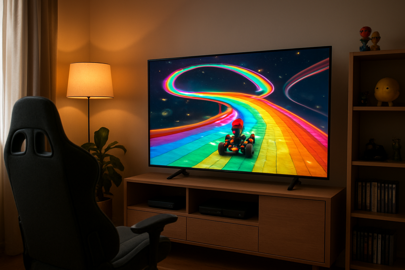 Intérieur cosy avec écran de jeu affichant le mode miroir de Mario Kart World, circuit Rainbow Road inversé, lampe d'ambiance et fauteuil gamer.