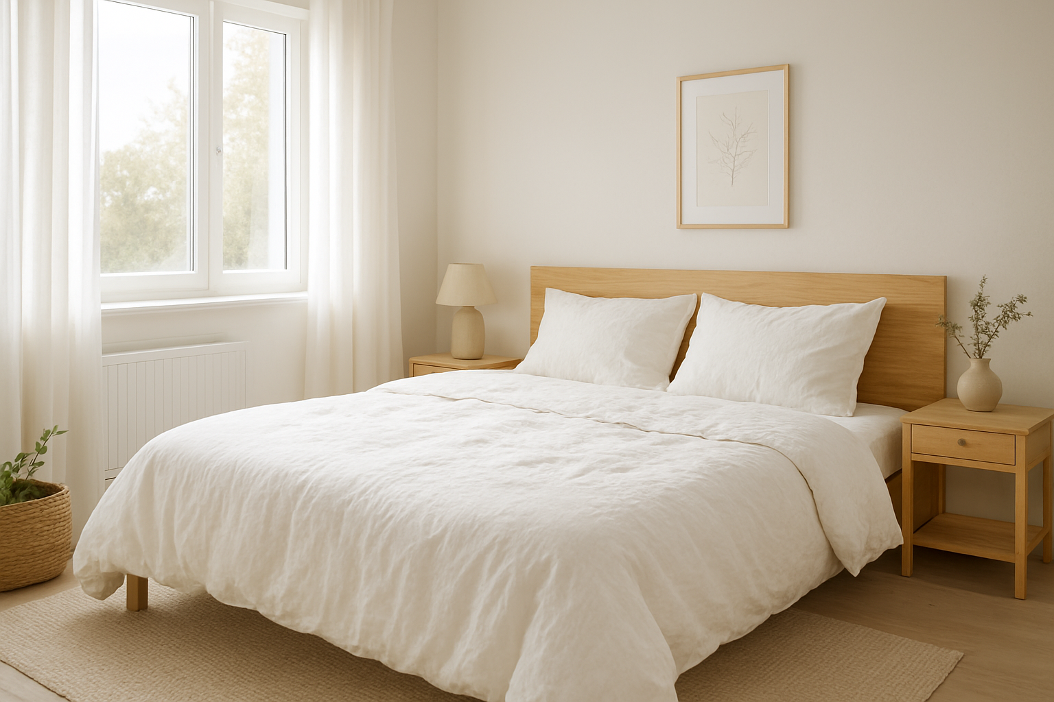 Lit avec housse de couette blanche en lin froissé, oreillers moelleux, lumière naturelle dans une chambre scandinave, ambiance apaisante.