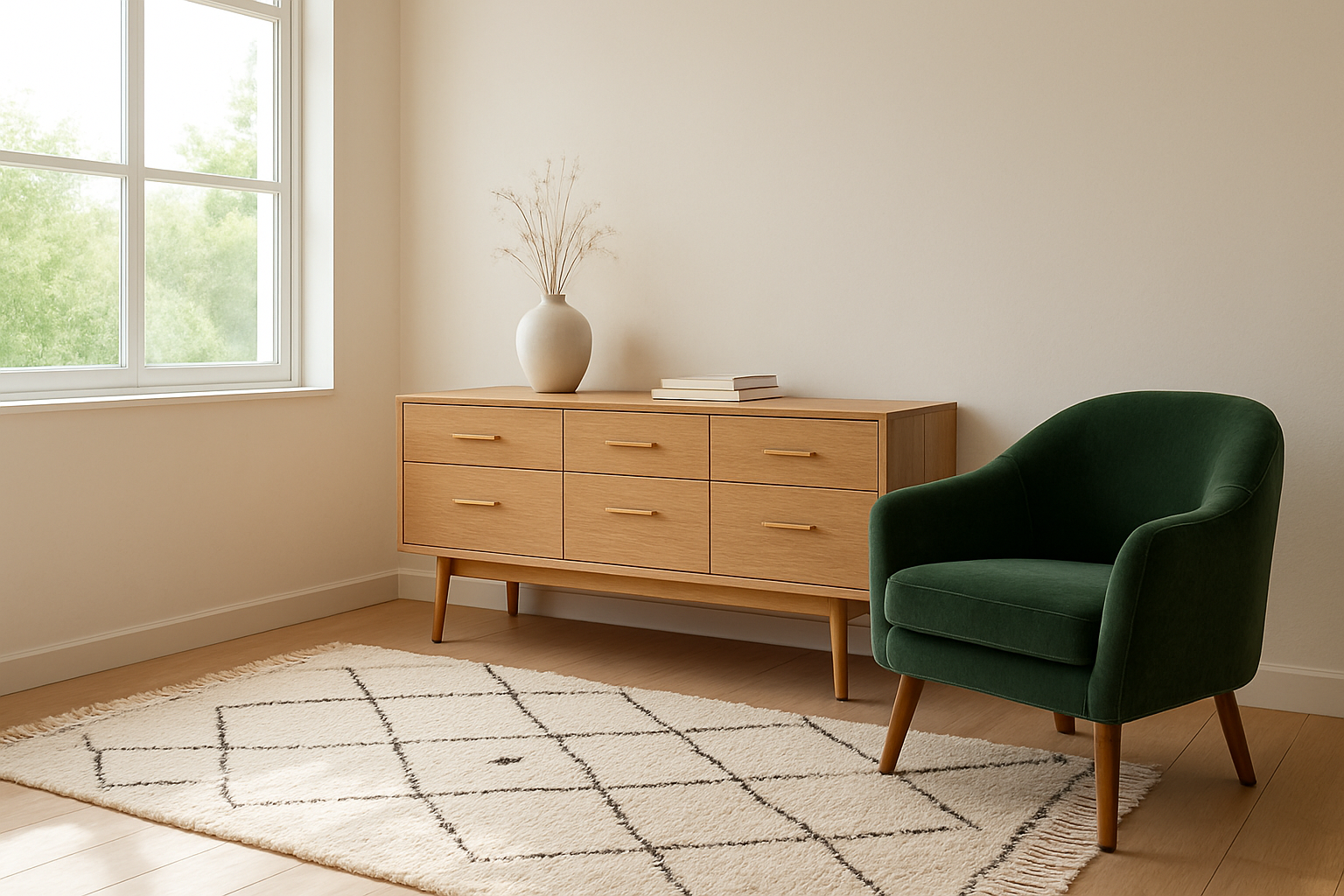 Buffet en bois clair à tiroirs dans un salon lumineux, avec vase et livres sur le dessus, fauteuil vert à côté, tapis berbère au sol.