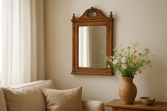 Miroir aux alouettes ancien en bois accroché au mur d'un salon, entouré de rideaux en lin et d'un bouquet de fleurs des champs