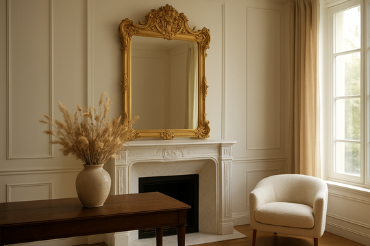Grand miroir baroque doré au cadre sculpté au-dessus d'une cheminée en marbre blanc dans un salon lumineux