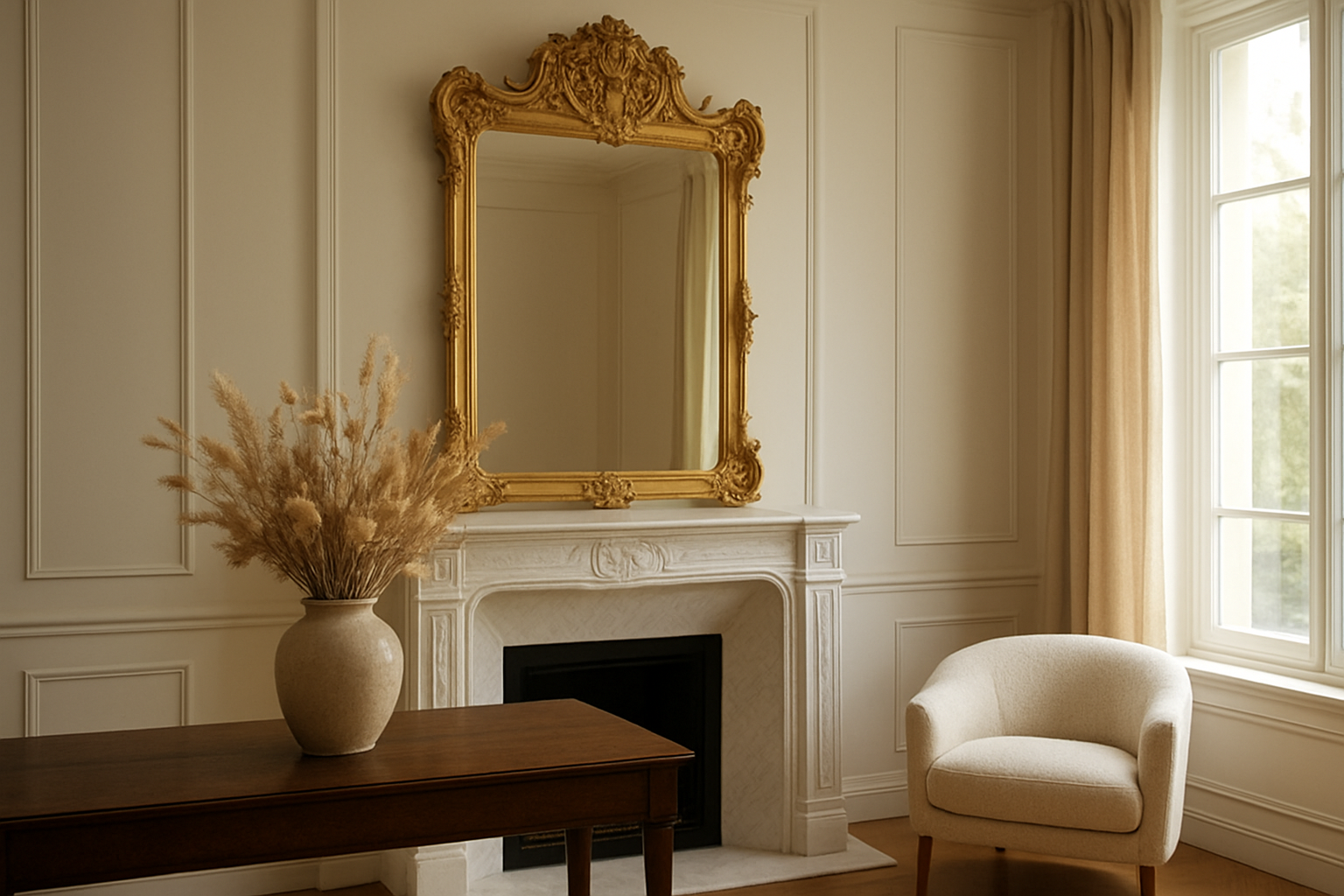 Grand miroir baroque doré au cadre sculpté au-dessus d'une cheminée en marbre blanc dans un salon lumineux