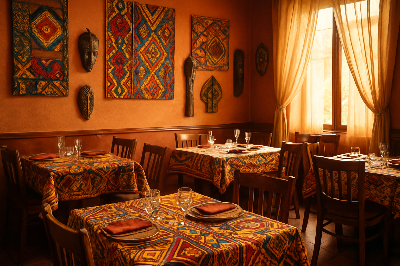 Ambiance du restaurant Miroir d'Afrique à Paris avec décoration africaine, tissus wax et objets d'art, lumières tamisées, tables en bois prêtes à recevoir les convives.