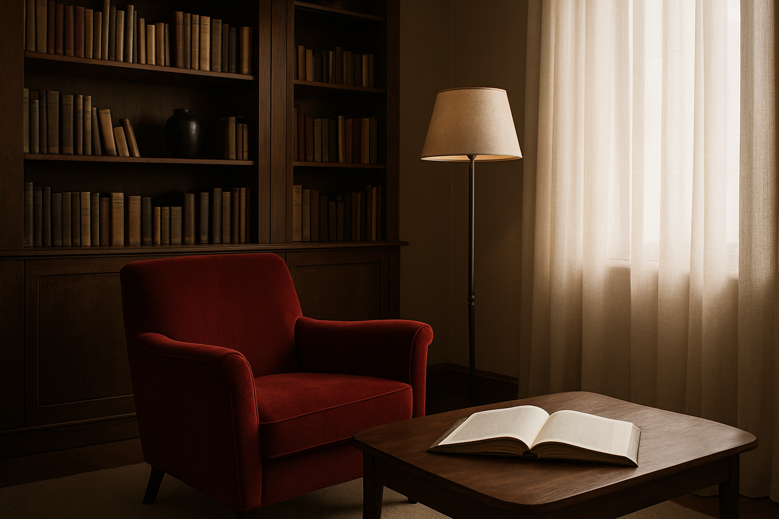 Salon cosy avec bibliothèque, fauteuil rouge, lampe et livre Miroir de nos peines ouvert sur table basse, lumière naturelle tamisée par rideaux blancs.