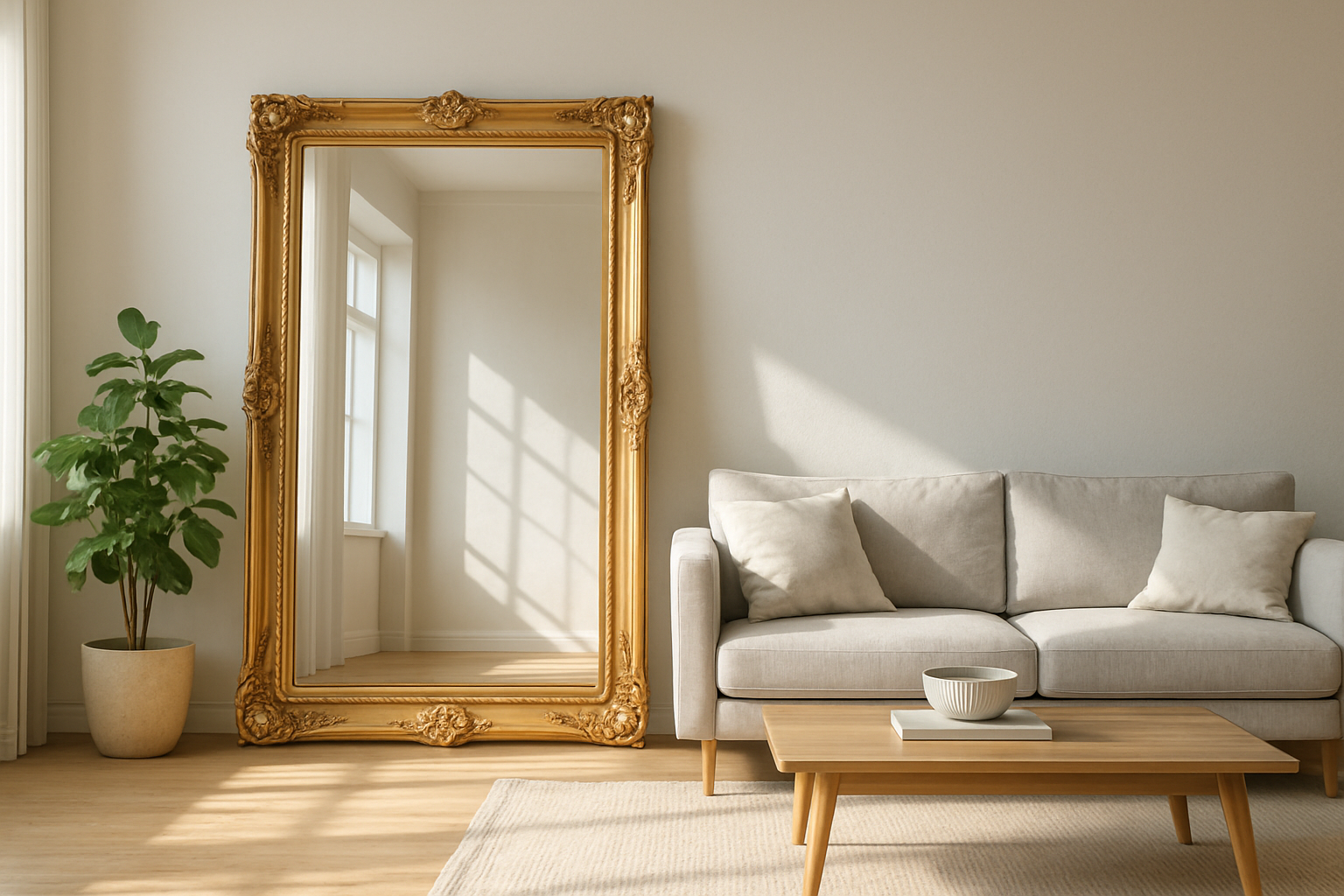 Grand miroir mural en anglais avec cadre doré posé contre un mur, reflétant une fenêtre lumineuse dans un salon moderne et épuré.