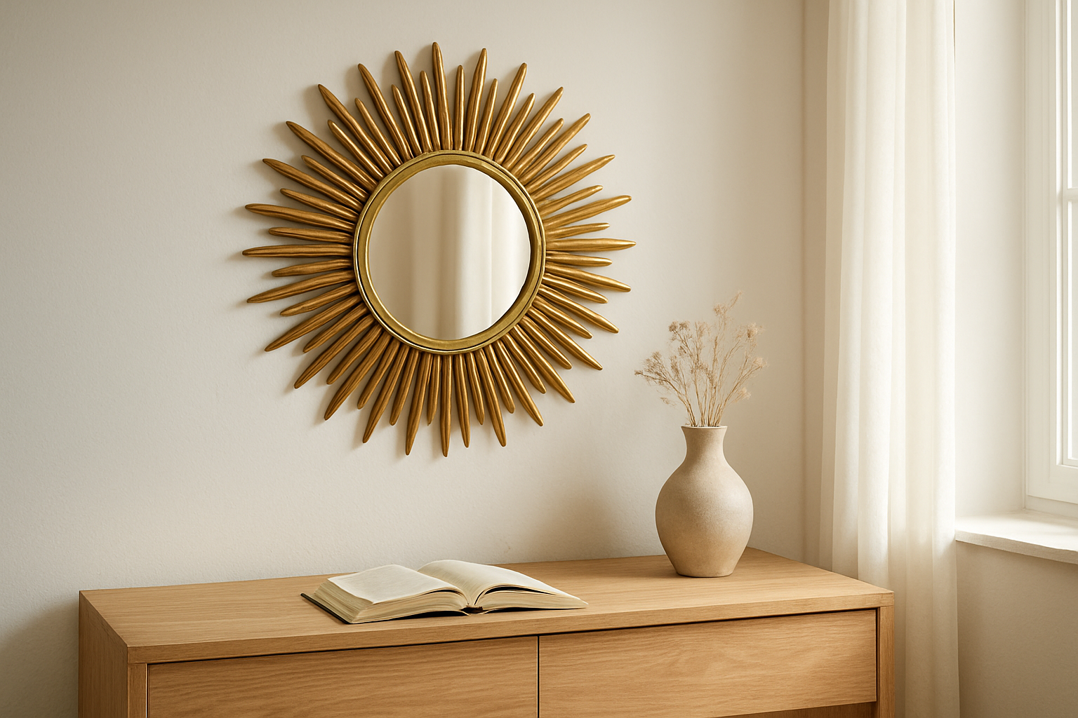 Miroir soleil doré accroché au-dessus d'une console en bois dans un salon lumineux, avec un vase et un livre, reflets chaleureux de la lumière naturelle