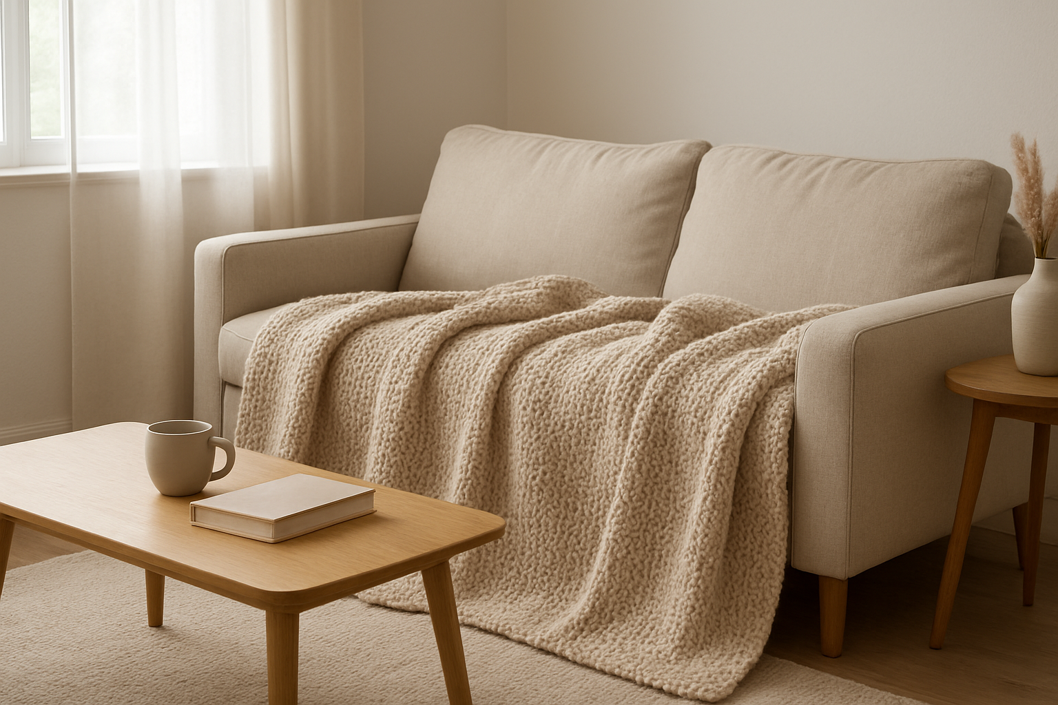 Plaid tricot gratuit en point mousse beige posé sur un canapé dans un salon lumineux au style scandinave, avec table basse en bois et tasse de thé.