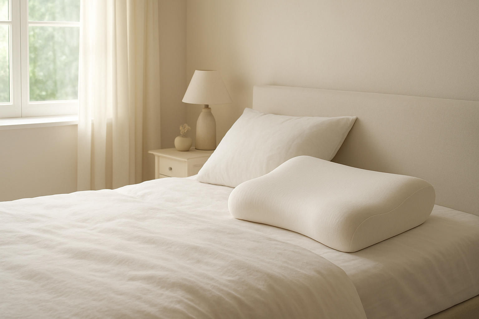 Deux oreillers de types différents sur un lit avec draps blancs, lumière naturelle, ambiance déco cosy et neutre