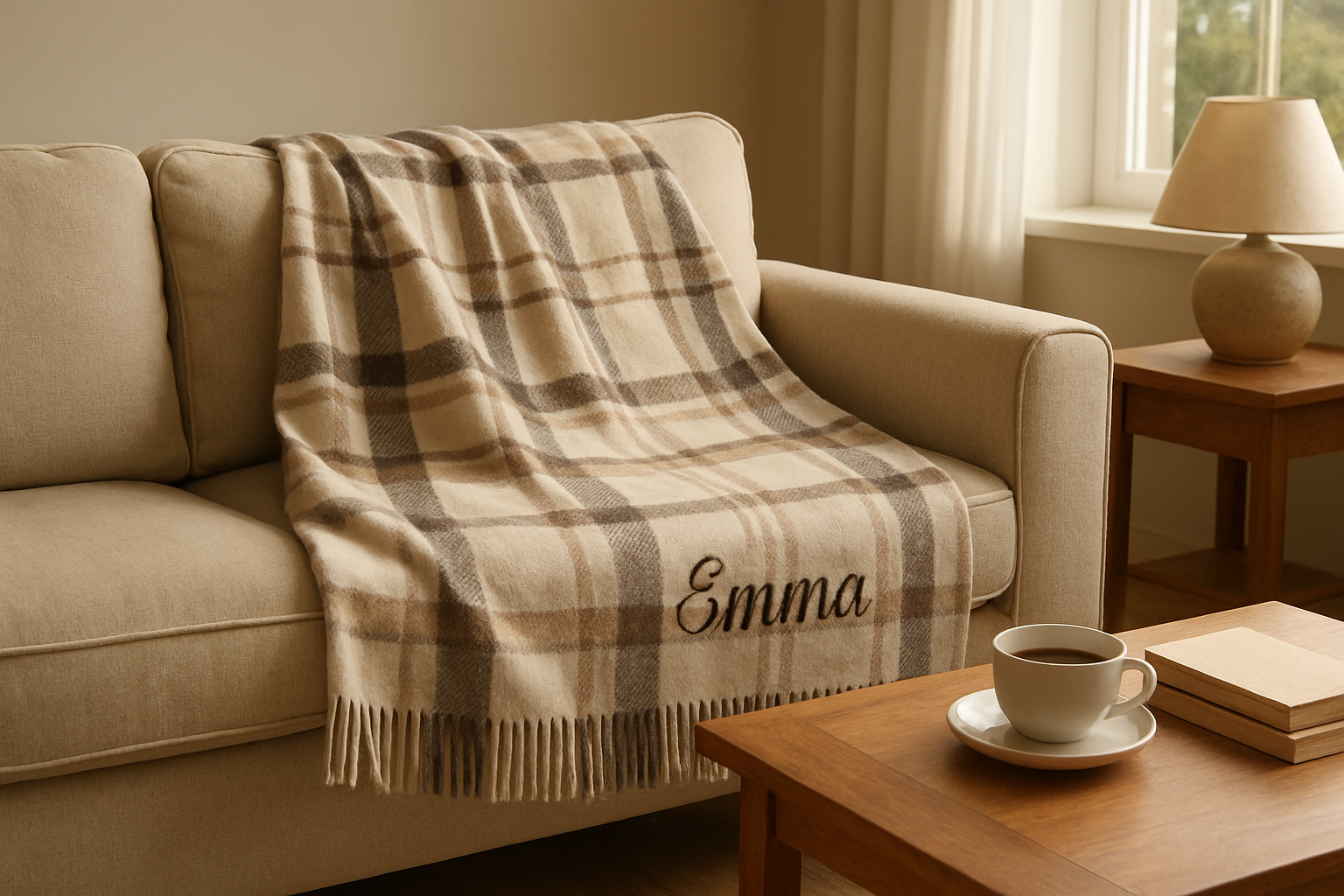 Plaid personnalisé avec prénom brodé posé sur un canapé beige dans un salon lumineux et cosy, avec une tasse de thé et des livres sur la table basse
