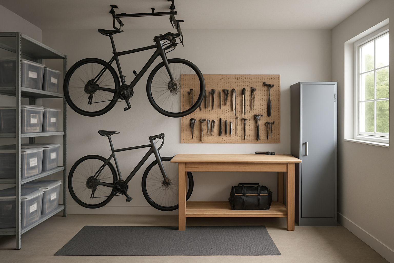 Garage bien organisé avec étagères métalliques, boîtes de rangement transparentes, rangement suspendu au plafond pour vélos, panneau perforé avec outils, armoire fermée, lumière naturelle, style déco magazine.