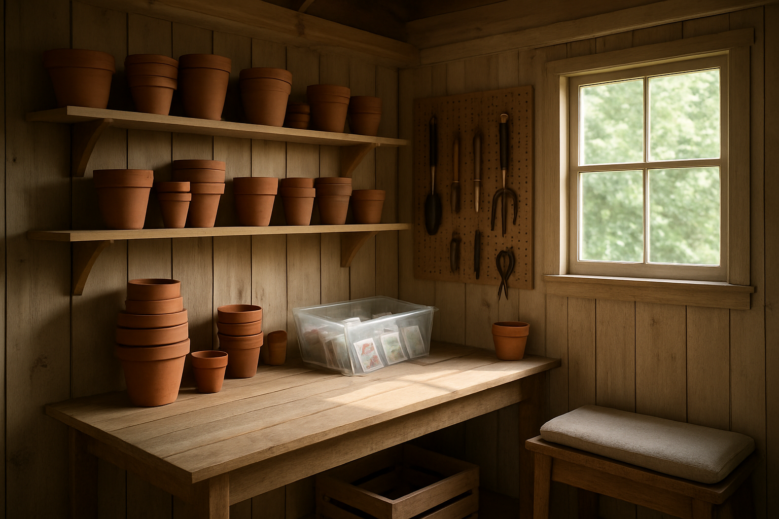 Un cabanon de jardin bien organisé avec des étagères en bois, des outils suspendus sur un panneau perforé, des pots en terre cuite et des sachets de graines dans un bac transparent, éclairé par la lumière naturelle.