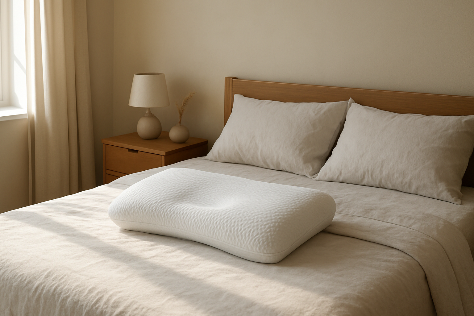 Oreiller Derila Ergo en mousse à mémoire de forme posé sur un lit blanc dans une chambre lumineuse au style scandinave
