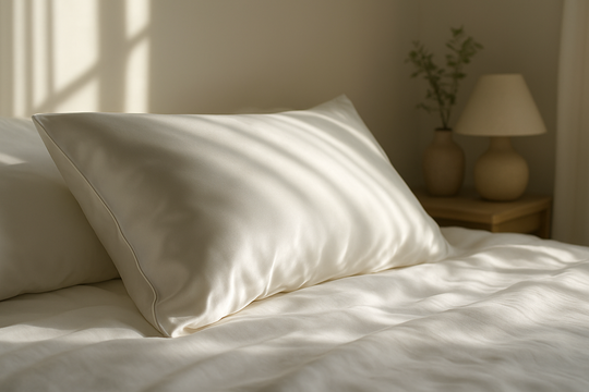 Taie d'oreiller en soie blanche sur un lit avec lumière naturelle, décoration minimaliste