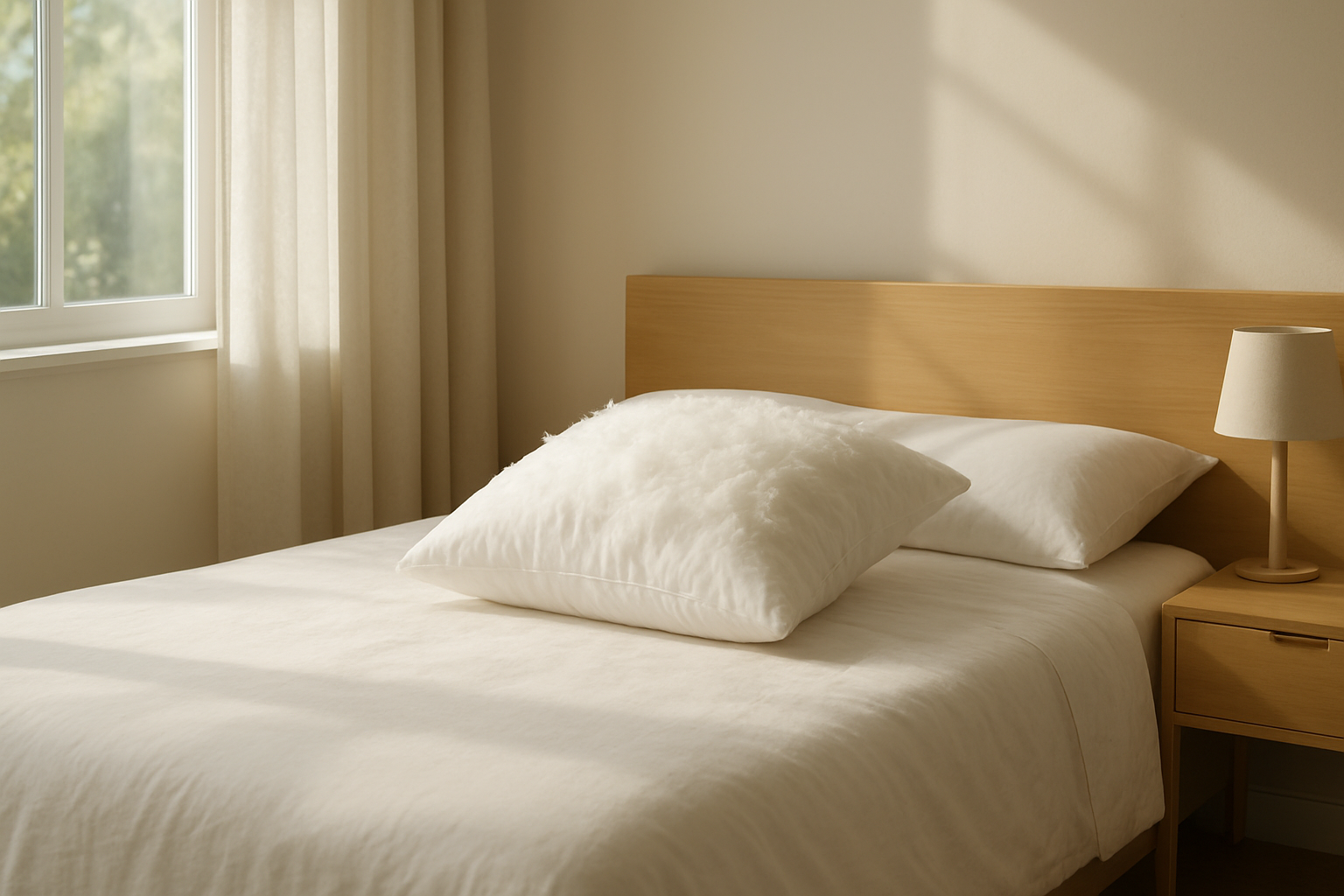 Oreiller plumette d'oie moelleux sur un lit en lin blanc dans une chambre lumineuse au style minimaliste, avec lumière naturelle du matin.
