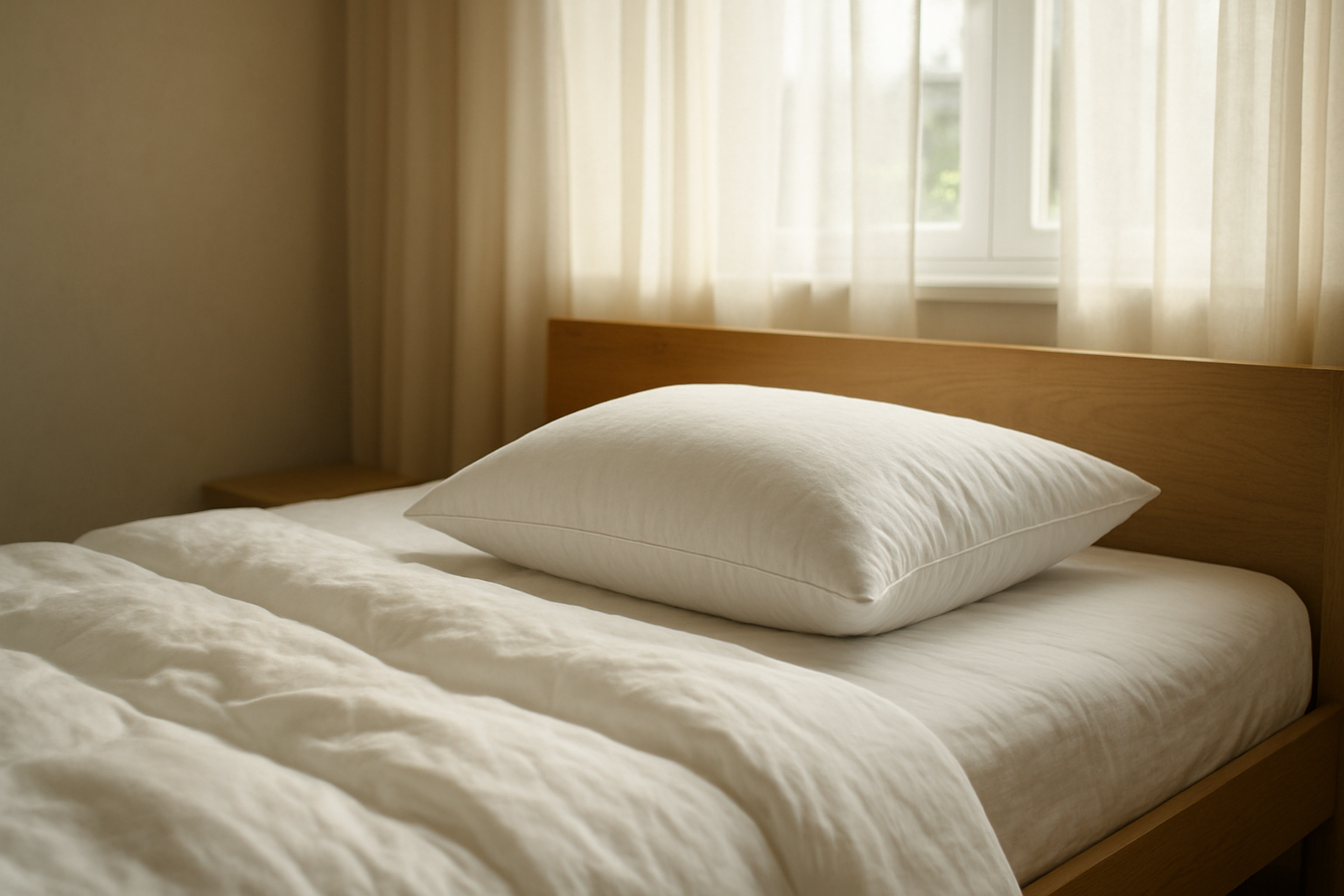 Oreiller soya blanc sur un lit douillet, avec une lumière naturelle filtrant à travers des rideaux légers, dans une chambre à coucher apaisante.