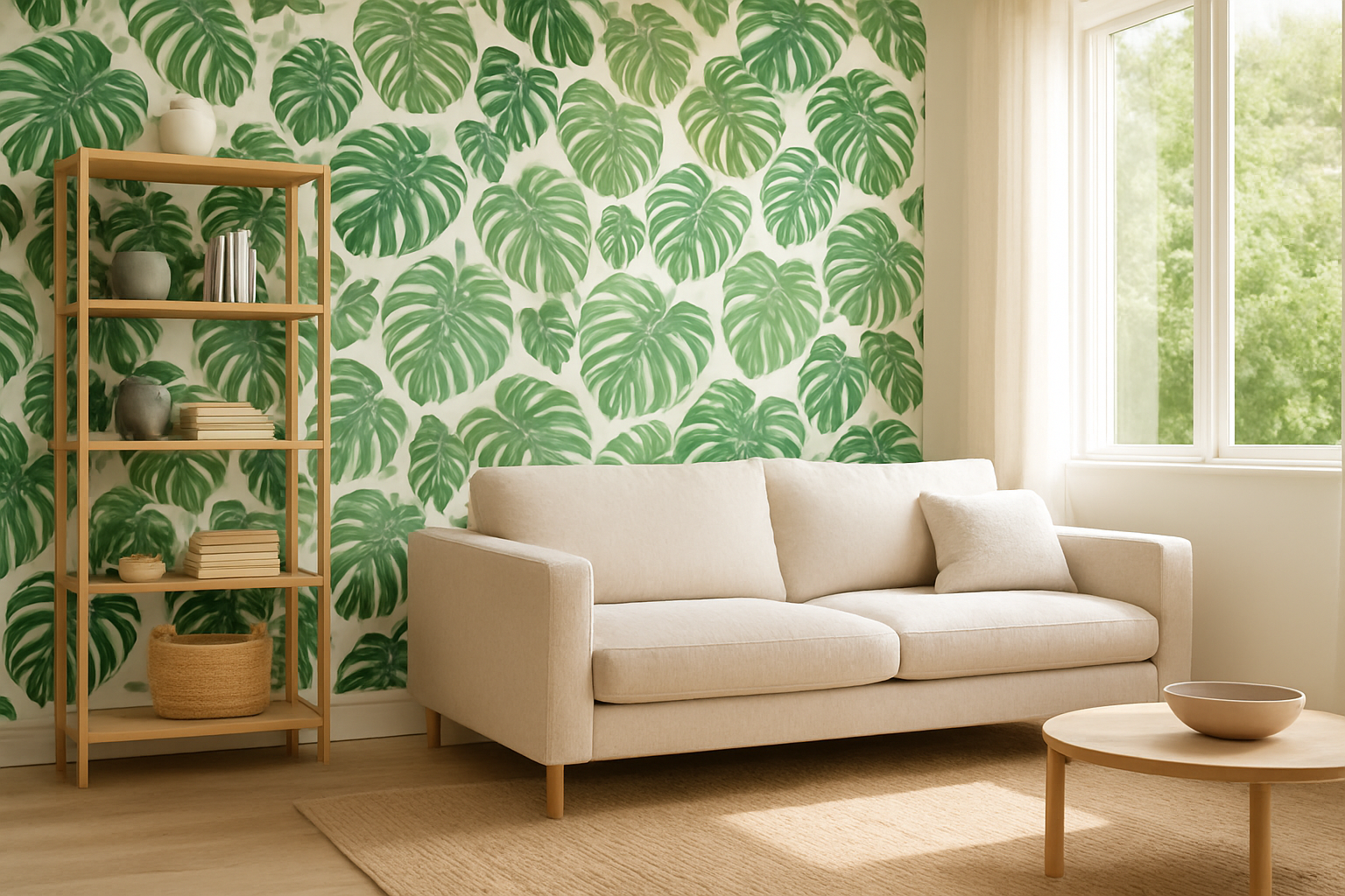 Salon moderne avec mur d'accent en papier peint tropical vert et blanc, canapé beige, bibliothèque bois clair et tapis jute, lumière naturelle.