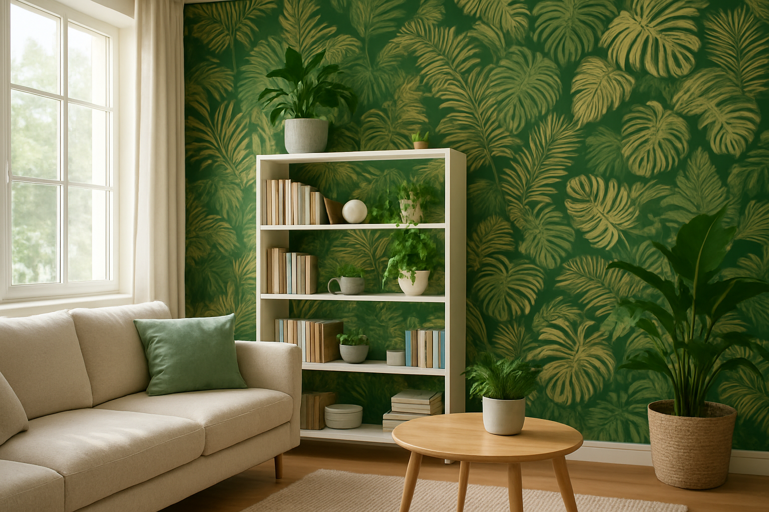 Salon avec mur d'accent en papier peint tropical vert et or, bibliothèque blanche et plantes vertes, lumière naturelle