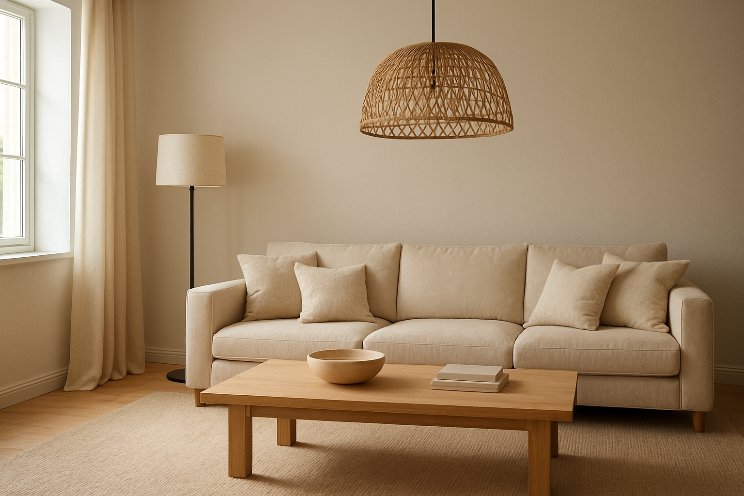Salon moderne avec suspension en rotin et lampadaire design, éclairé par la lumière naturelle, ambiance chaleureuse et tendance.
