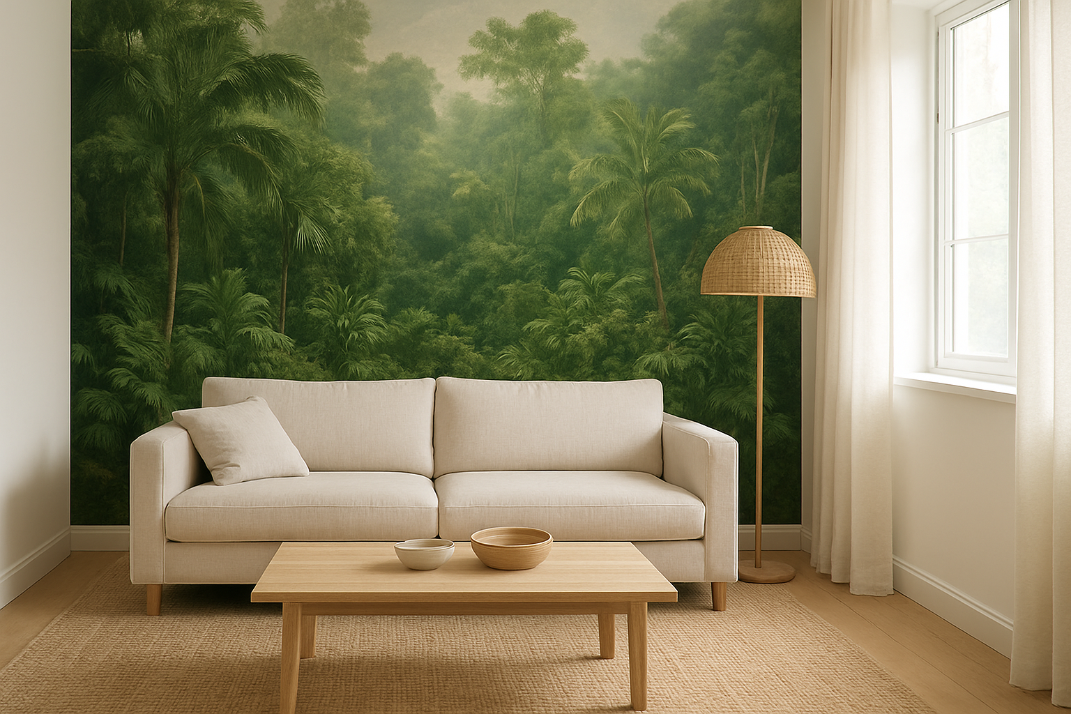 Salon lumineux avec un mur d'accent en papier peint panoramique jungle, canapé beige et accessoires naturels, tendance décoration 2025