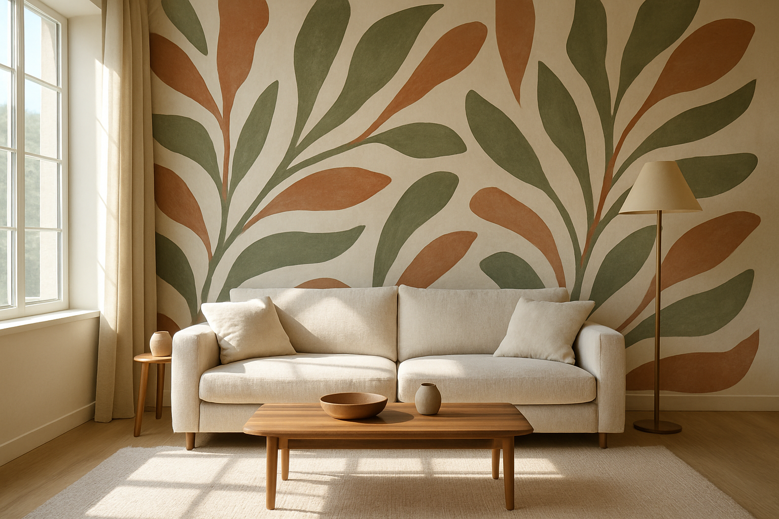 Salon avec un mur d'accent en papier peint tendance 2026 aux motifs organiques vert sauge et terracotta, canapé en lin beige et lumière naturelle