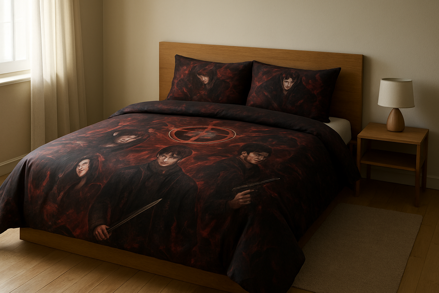 Lit double avec parure de lit K-pop Demon Hunters aux motifs sombres et mystiques, dans une chambre lumineuse au style minimaliste.