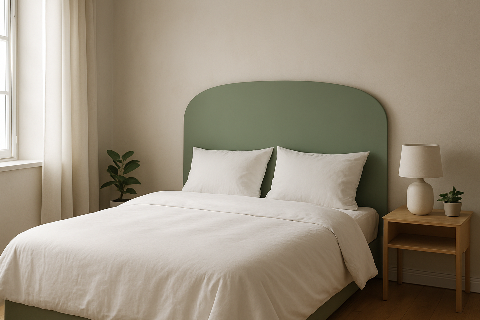 Tête de lit peinte en vert sauge dans une chambre minimaliste avec literie blanche et lumière naturelle