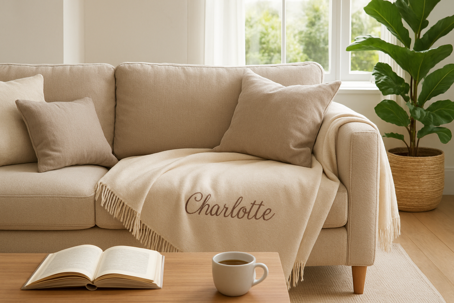 Plaid personnalisé avec prénom brodé posé sur un canapé beige dans un salon lumineux, avec une tasse de café et un livre, ambiance cosy