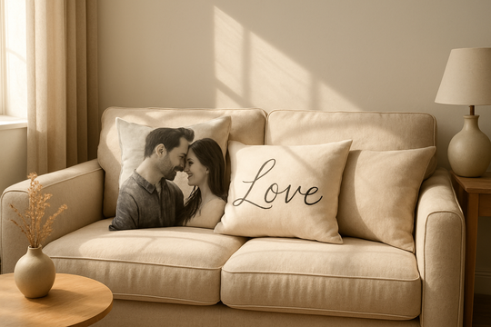 Trois coussins décoratifs sur un canapé beige, dont un coussin personnalisé photo en noir et blanc et un coussin personnalisé texte 'Love', baignés de lumière naturelle
