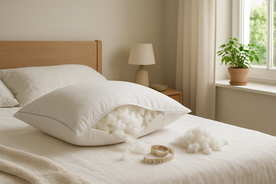 Oreiller blanc avec fermeture éclair ouverte montrant le garnissage, accompagné d'un mètre ruban et d'un tas de plumes sur un lit blanc dans une chambre lumineuse au style scandinave