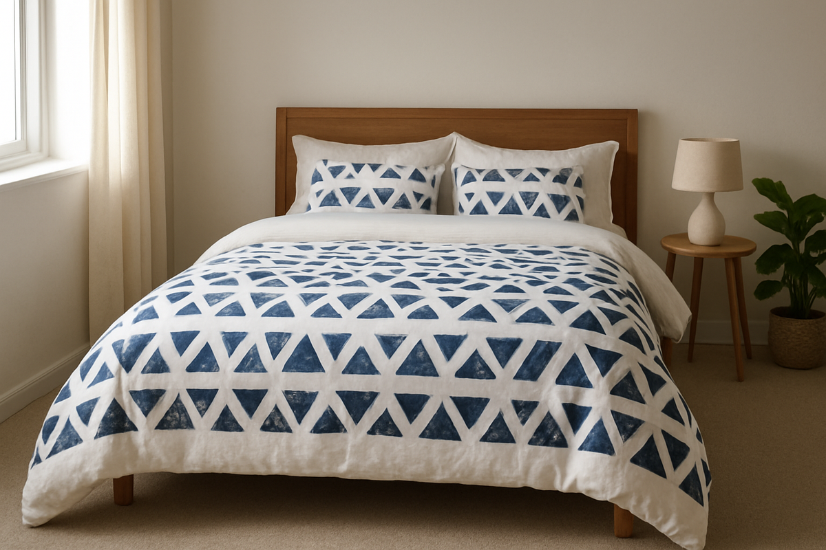 Housse de couette personnalisée blanche avec motifs géométriques peints au pochoir, lit fait, lumière naturelle, décoration minimaliste scandinave