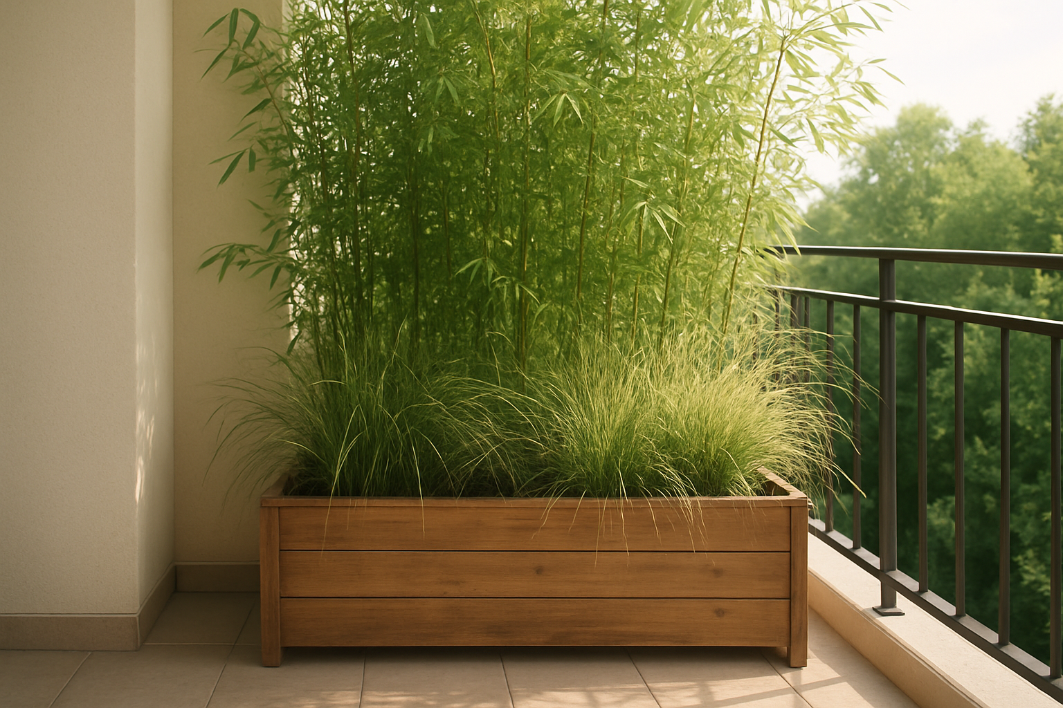 Jardinière en bois avec bambous et graminées formant un brise-vue naturel sur une terrasse ensoleillée.