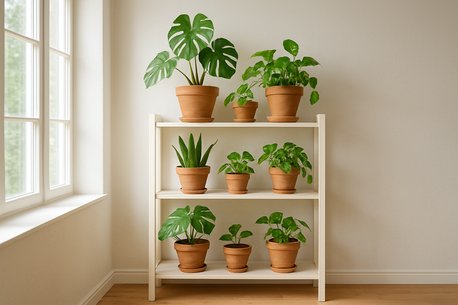 Pots de fleur en terre cuite de différentes tailles sur une étagère en bois blanc, avec plantes vertes d'intérieur, lumière naturelle