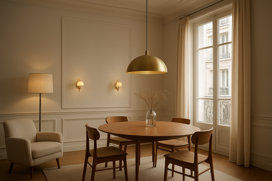 Salon parisien lumineux avec suspension en laiton, appliques murales et lampe sur pied, éclairage d'ambiance chaleureux, décoration intérieure élégante.