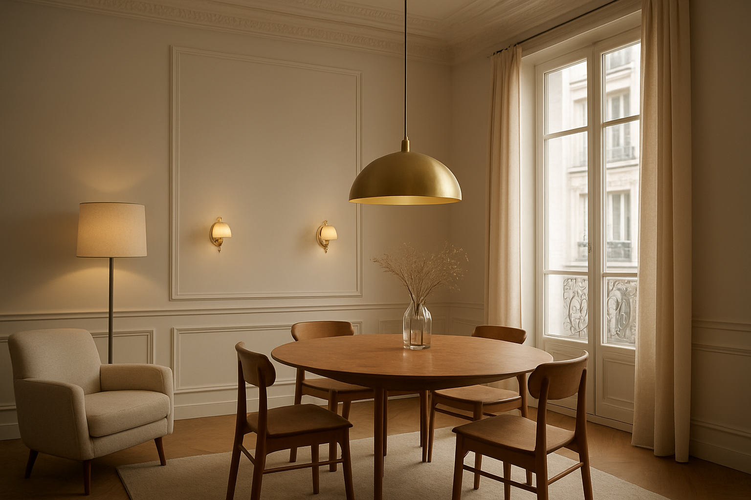 Salon parisien lumineux avec suspension en laiton, appliques murales et lampe sur pied, éclairage d'ambiance chaleureux, décoration intérieure élégante.