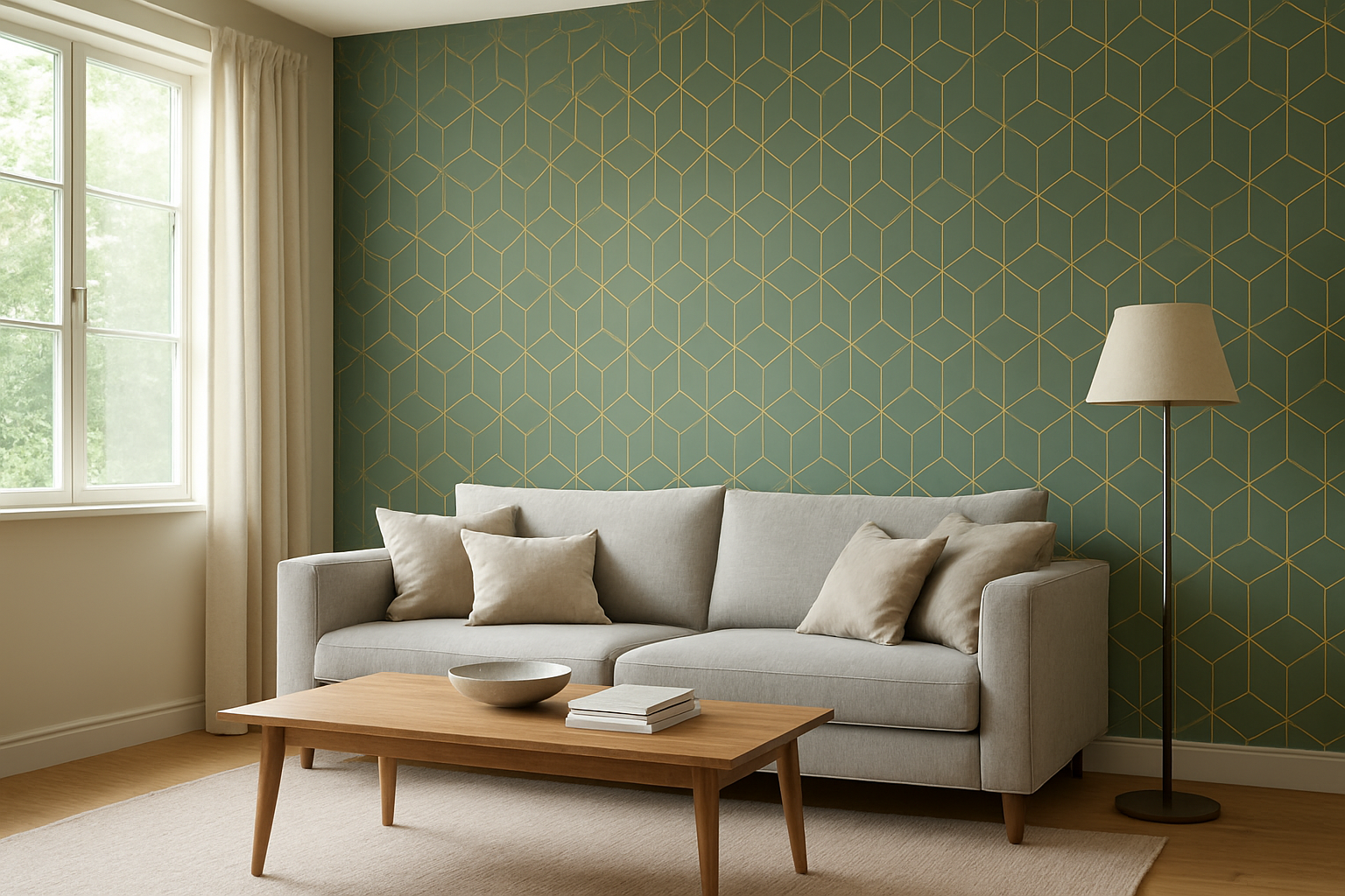 Salon moderne avec un mur d'accent en papier peint géométrique vert et or, canapé beige, lumière naturelle entrant par une fenêtre, ambiance cosy et élégante.
