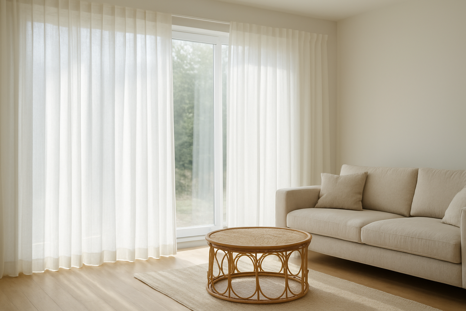 Voilage à galons fronceurs en lin blanc dans un salon lumineux, avec plis réguliers et lumière naturelle filtrant à travers le tissu