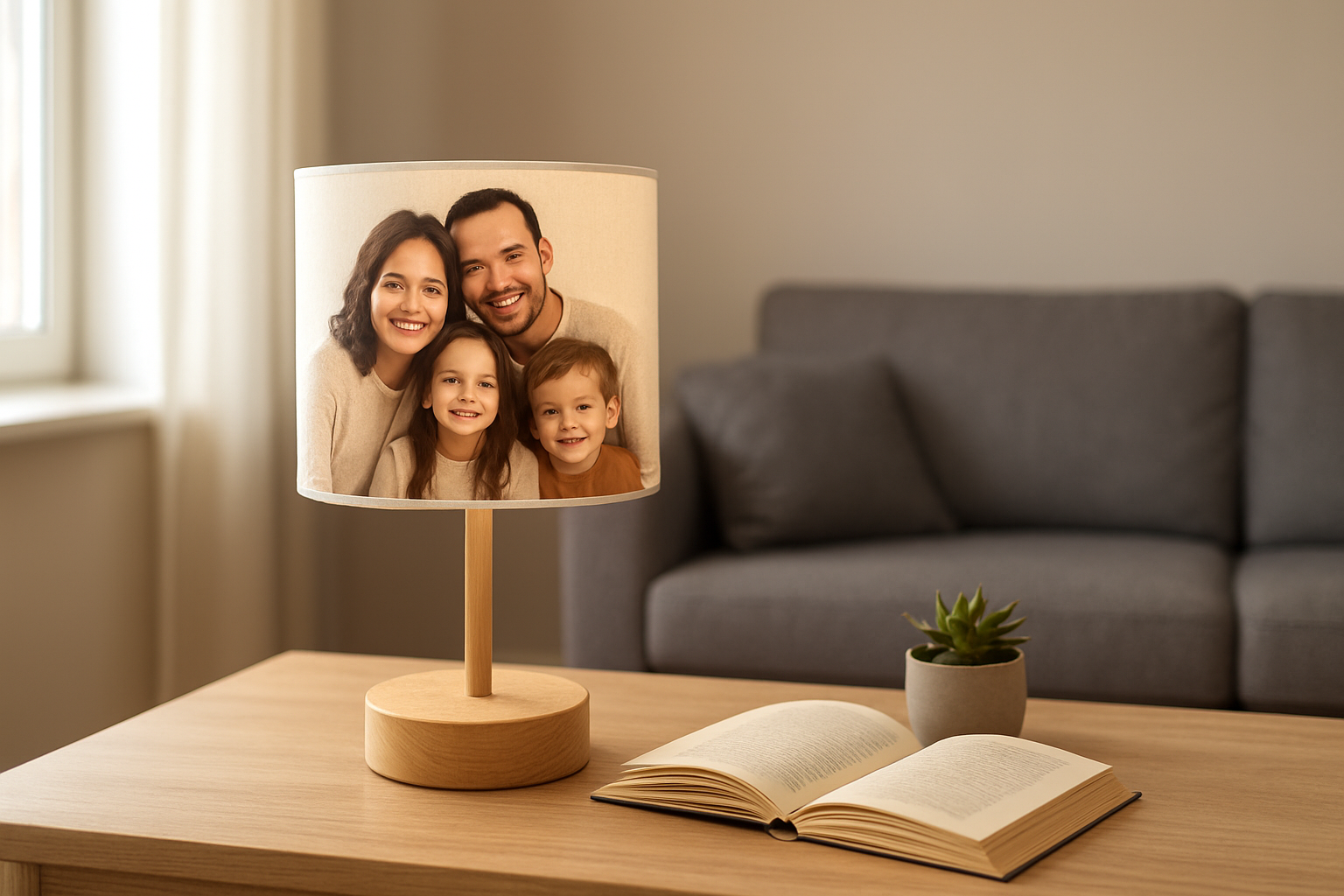 Lampe de chevet personnalisée avec photo de famille sur abat-jour blanc, posée sur table en bois, à côté d'un livre et d'une plante verte, dans un salon lumineux