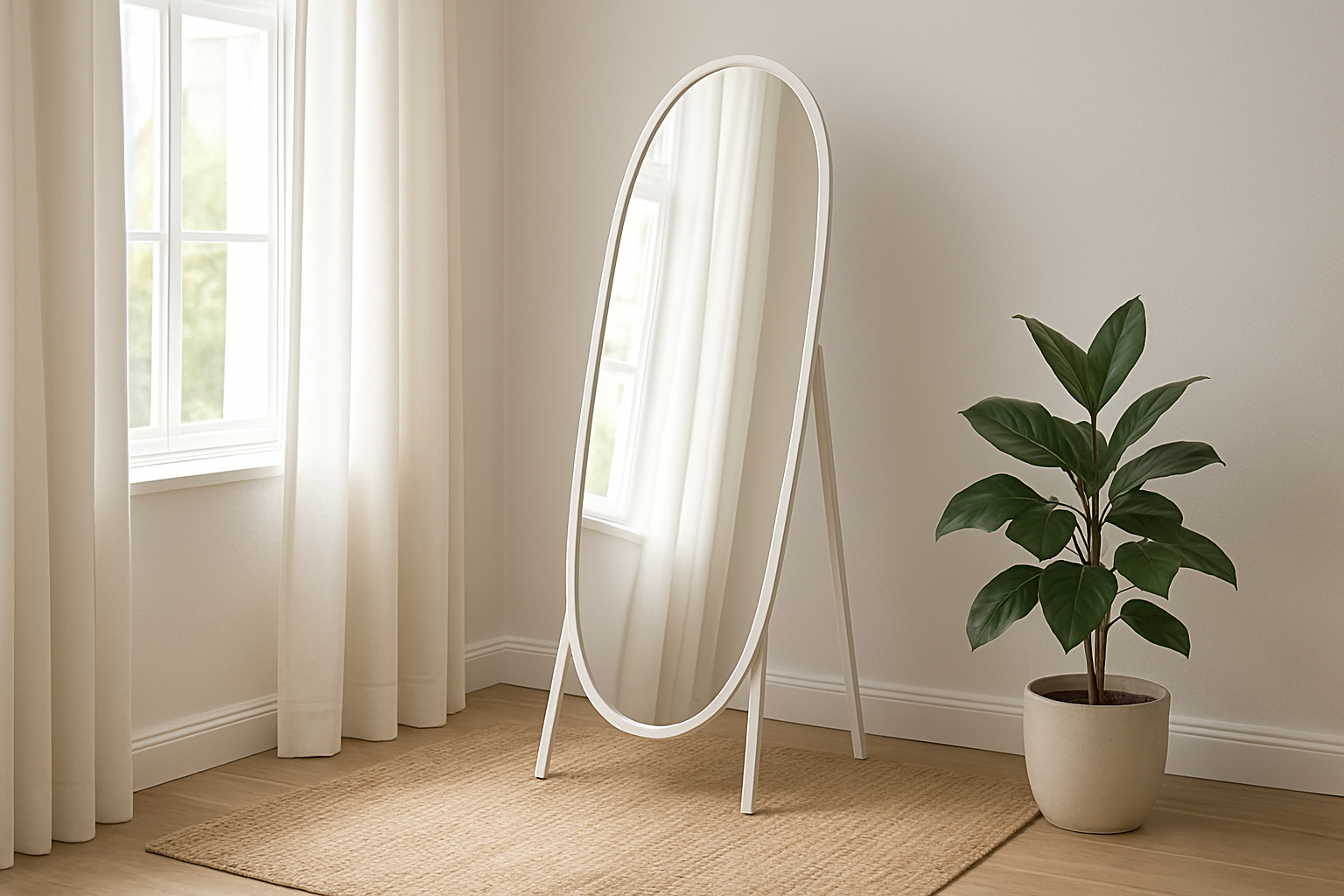 Psyché miroir ovale blanche de 147 cm dans un intérieur lumineux, près d'une fenêtre avec reflet de lumière naturelle, tapis en jute et plante verte