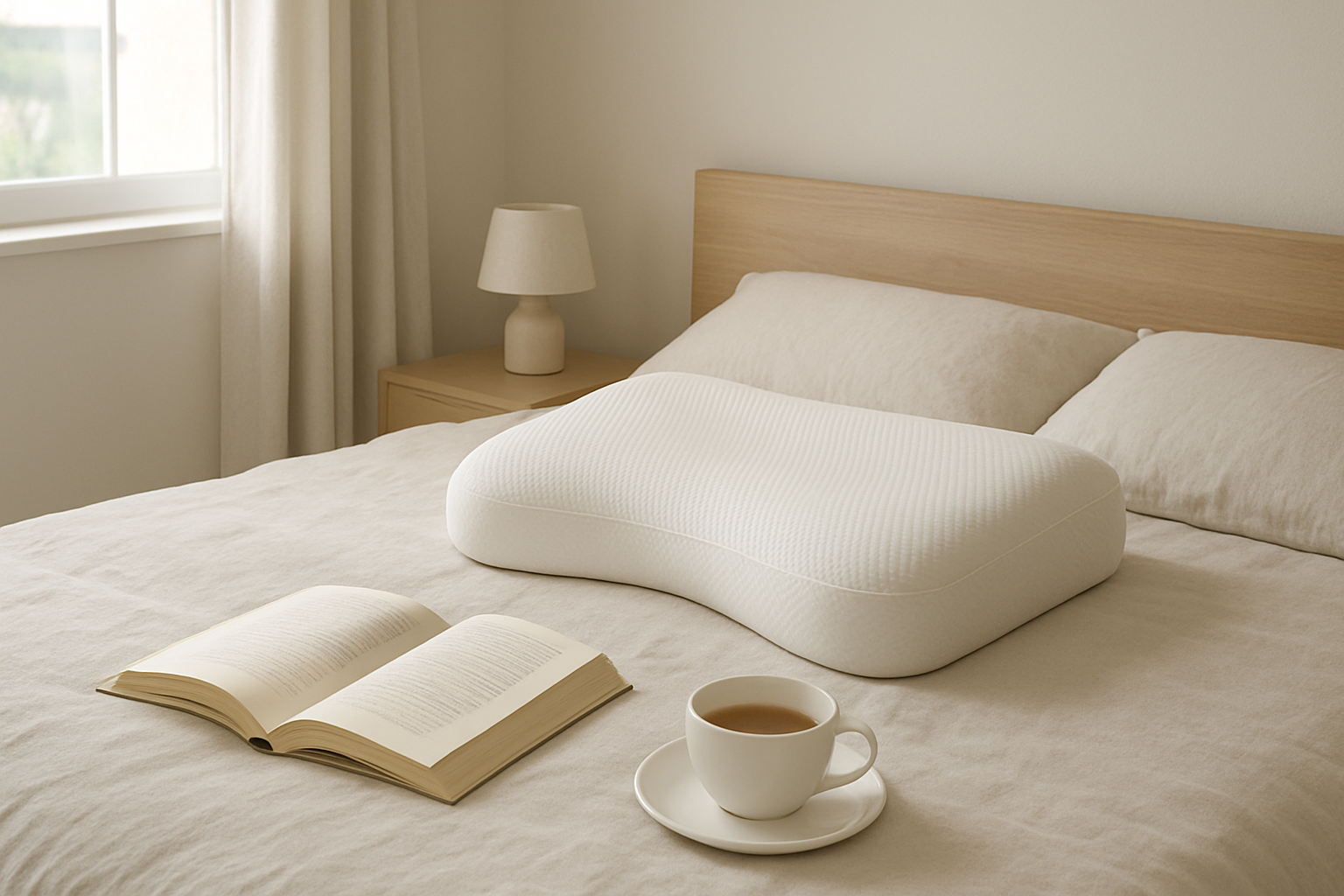 Oreiller ergonomique en mousse à mémoire de forme sur un lit dans une chambre lumineuse, avec livre et tasse de thé, illustrant le meilleur oreiller pour un sommeil réparateur