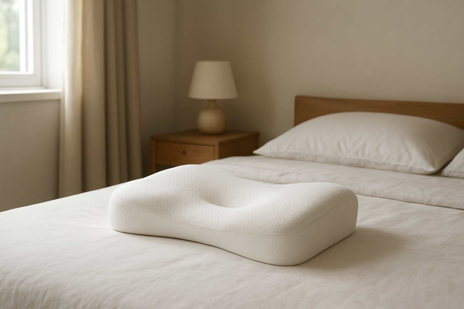 Oreiller cervical ergonomique en mousse à mémoire de forme posé sur un lit blanc dans une chambre lumineuse, avec un soutien cervical visible