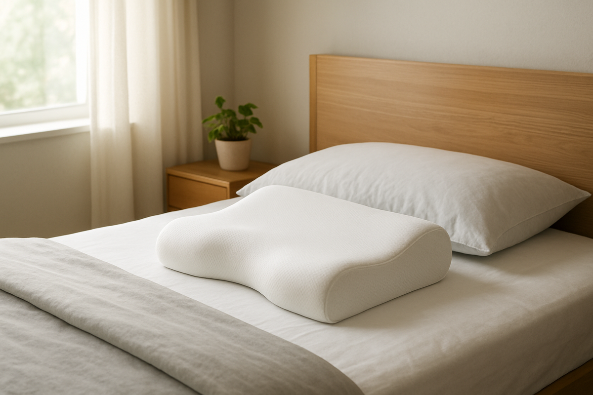 Oreiller ergonomique blanc en mémoire de forme sur un lit avec draps blancs et couette grise, dans une chambre lumineuse et minimaliste, idéal pour soulager l'arthrose cervicale.